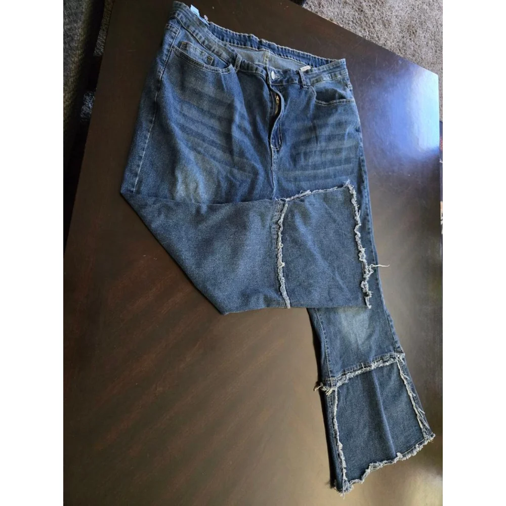 Women's Plus Size Blue Flare & Wide Leg Frayed Embellished Jeans 3XL